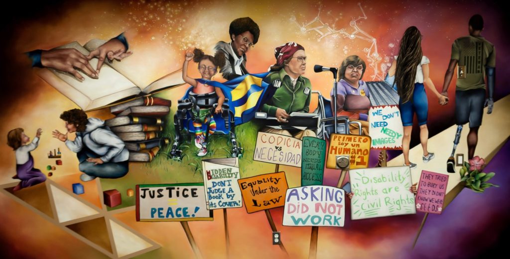 The mural depicts important progress in the disability rights movement as we dedicate our work to ensure the disability community has equal access in all aspects of their lives. The mural showcases disability rights activists such as Barbara Johnson, Judy Heumann, and other participants of the 504 Sit-in. The mural also highlights different aspects of advancements for accessibility ranging from Braille books to assistive technology. Additionally, the mural includes a parent communicating with their child through American Sign Language, a disabled veteran, and picket signs representative of numerous demonstrations for disability rights. These signs demonstrate progress for the disability community, while simultaneously symbolizing the advocacy that is still needed from groups, like DRI, to achieve full access, equality, and representation in society.
