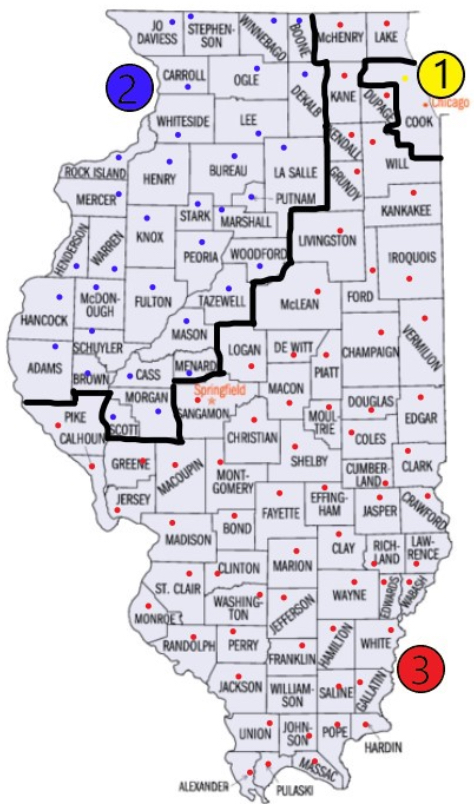 map of state of Illinois depicting counties and their respective Community Work Incentives Coordinators