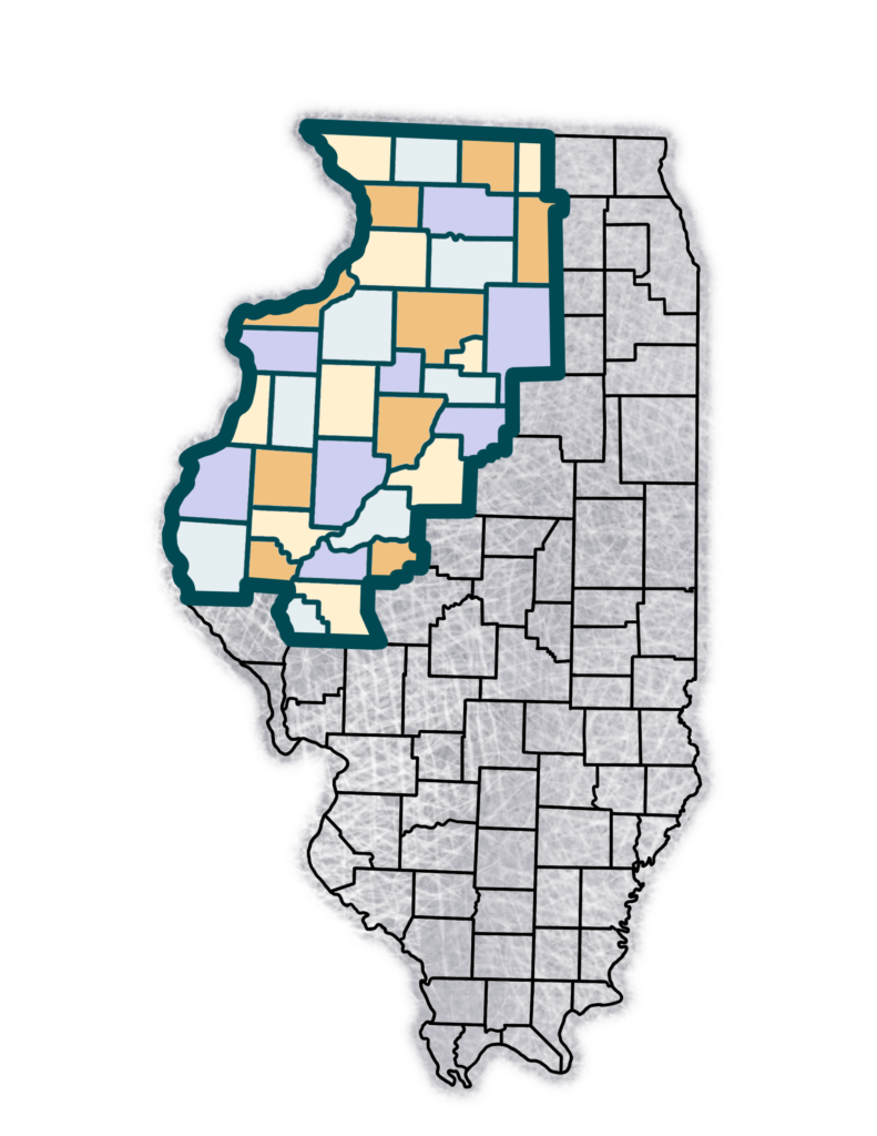 Map of Illinois, the counties WIPA served within Illinois are highlighted and the rest of the counties are greyed out.