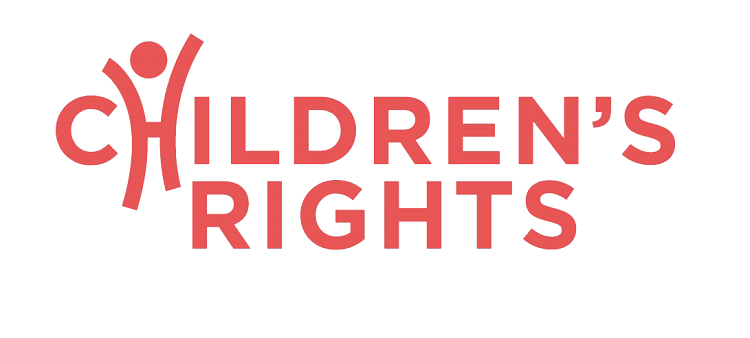 Logo reading "children's rights" written in red and all caps. The "H" in children's is turned into a stick figure with it's hands up in the air playing.