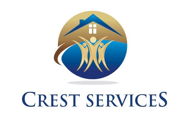 Crest Services written below a circle where the top half looks like a house and the bottom half has three stick human figures.