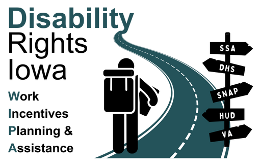Cartoon of person walking down a twisty road. There is a road sign to the right of the person with the acronyms "SSA, DHS, SNAP, HUD, and VA" pointing in various directions. "Disability Rights Iowa Work Incentives Planning & Assistance" is written around the cartoon.