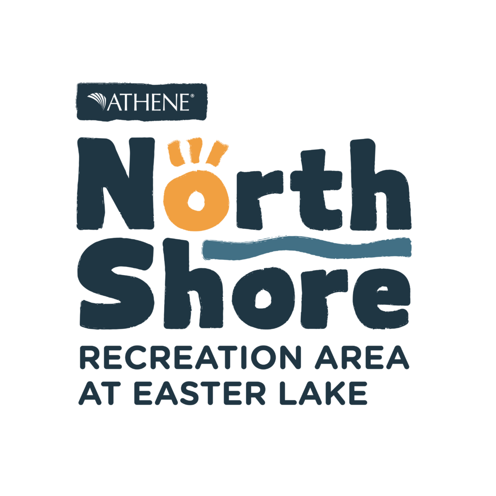 Text in thick lettering "Athene North Shore Recreation Area at Easter Lake." "Athene" is highlighted with a fan shape to the left of it. "the 'o' in north shore has three lines pointing up from it to create a sun shape. There is a blue wavy line underneath the 'orth' from "north"