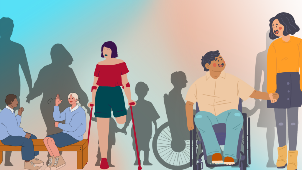 silhouette line of individuals with varying disabilities holding hands. In front of the line, colorful images of: two individuals sitting and conversing in ASL, a female presenting individual with a limb difference, and a female presenting individual standing talking to a masculine presenting individual who is using a wheelchair.