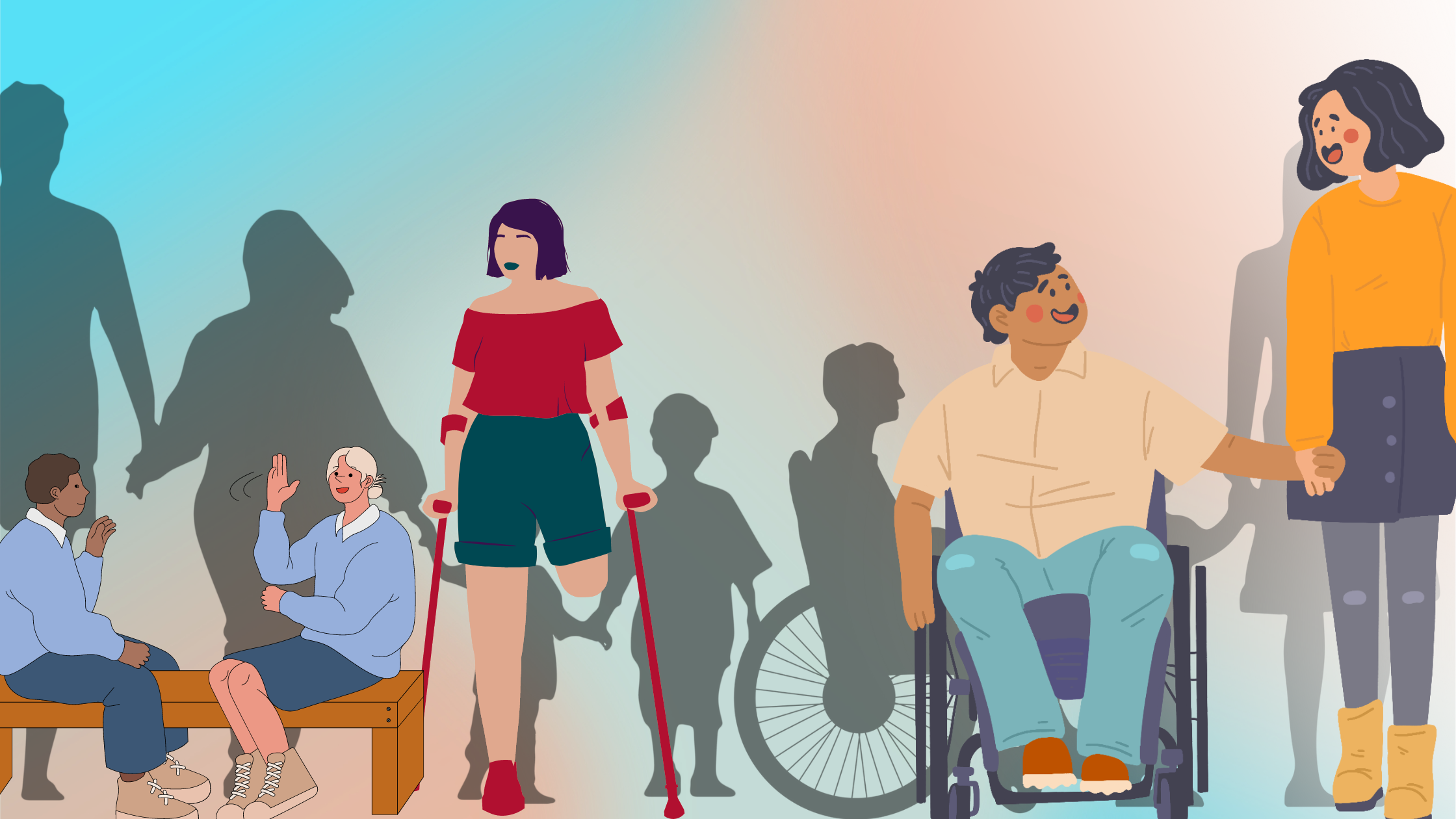 silhouette line of individuals with varying disabilities holding hands. In front of the line, colorful images of: two individuals sitting and conversing in ASL, a female presenting individual with a limb difference, and a female presenting individual standing talking to a masculine presenting individual who is using a wheelchair.