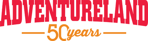 logo: western serif font in red letters reads "adventureland" in yellow cursive below, text reads "-50 years-"