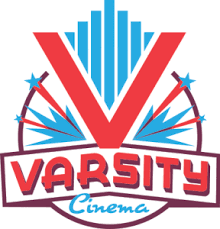 logo. text reads "varsity cinema" lines move in a "v" formation up and away from the top of the text. The lines a reminiscent of stars and spotlights aimed for the sky. 