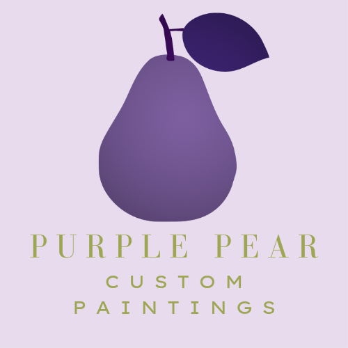 purple pair logo: light purple background a with a purple pear in the middle. Under is text that reads "purple pear custom paintings"