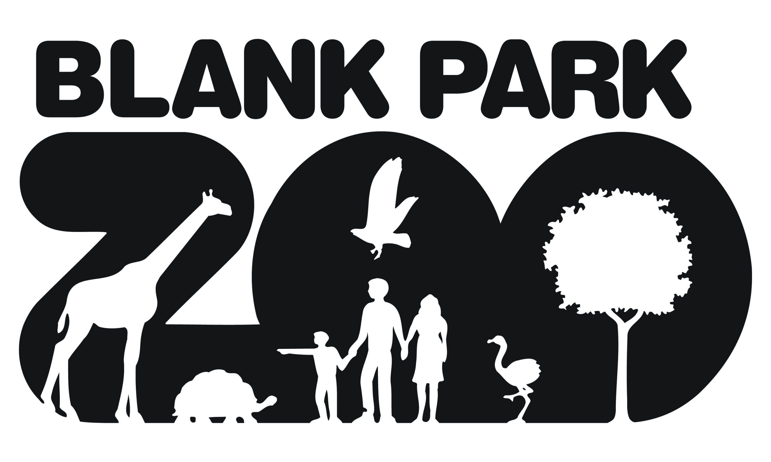 logo for zoo: text reads "blank park zoo" cut out from the "zoo" is the shape of a giraffe, tortoise, a couple holding a small child's hand, a large bird flying, and a small tree. 