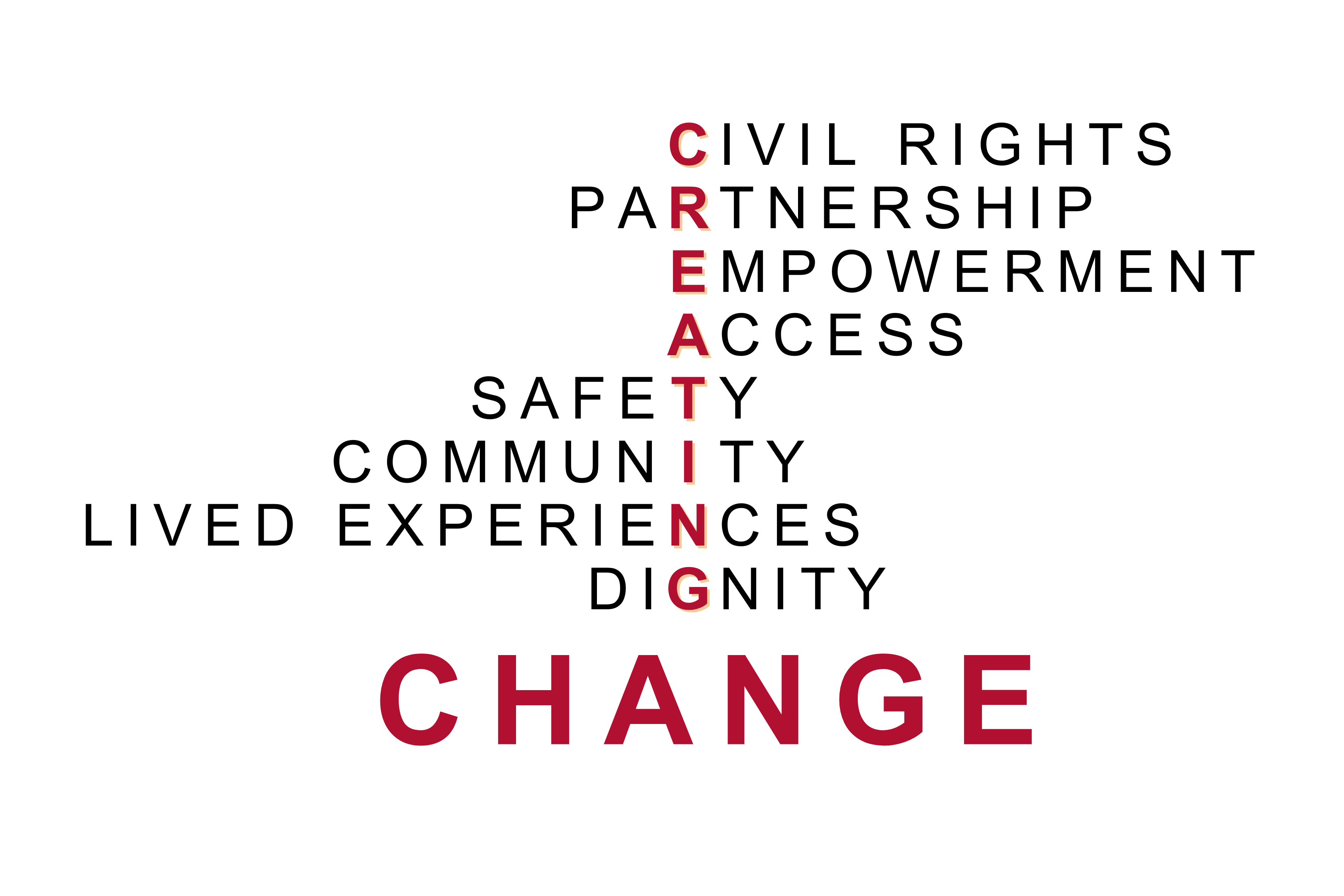 Phrases typed out and stacked on top of each other highlighting one letter from each phrase to spell out "creating change" The phrases are "civil rights, partnership, empowerment, access, safety, community, lived experiences, dignity, and change"