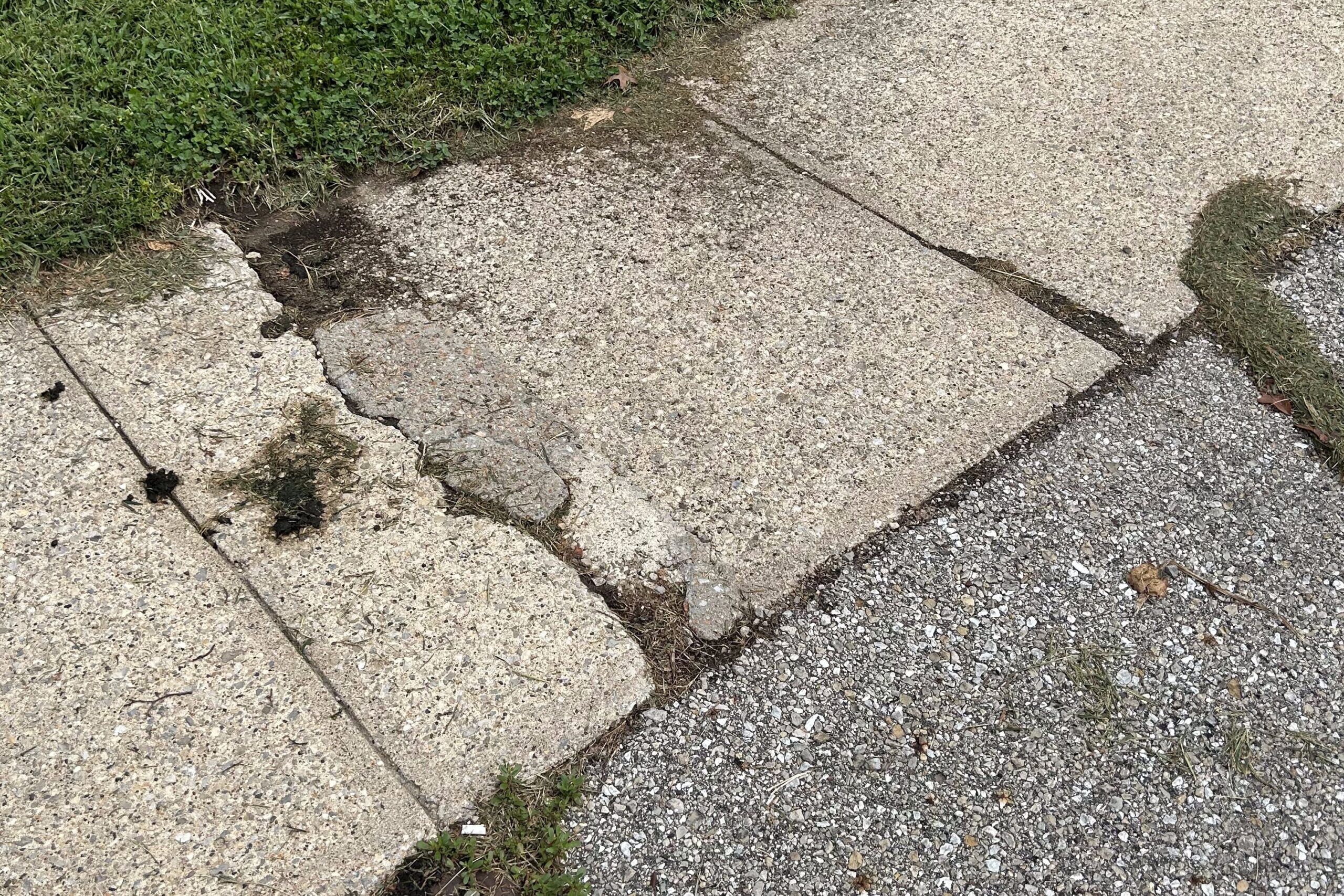 sidewalk with broken pieces of concrete. the break creates a large crack, slope, and step along the walking path.