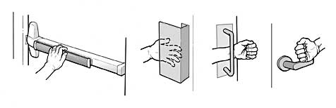 four cartoons of different types of door handles and how they can be used by someone with a hand mobility impairment.